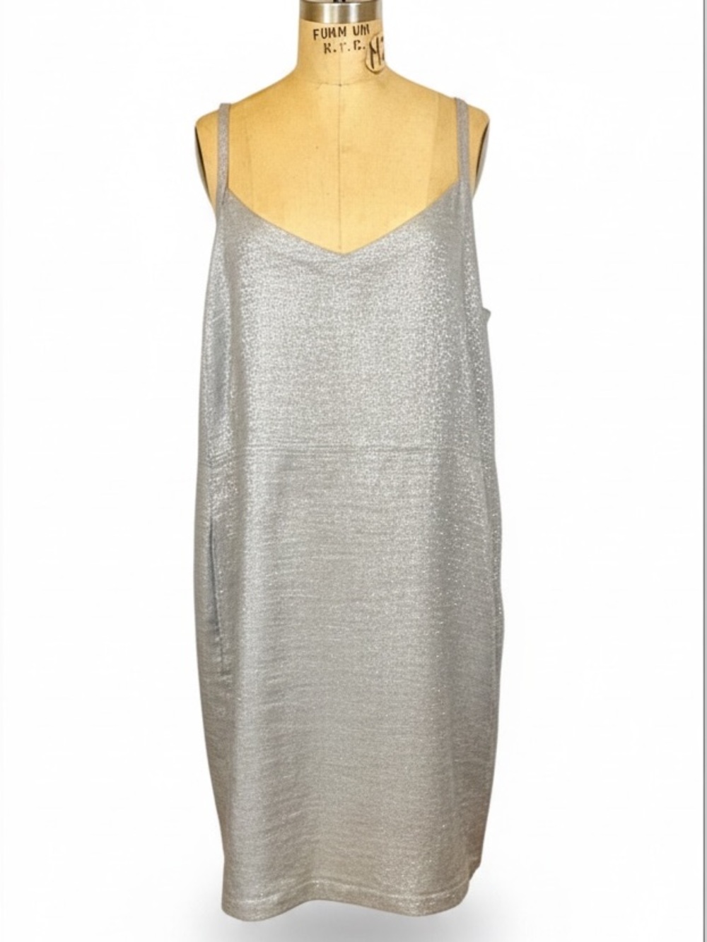 Eileen Fisher Woman 1X Metallic Linen Slip Dress | Silver Gray | Pockets